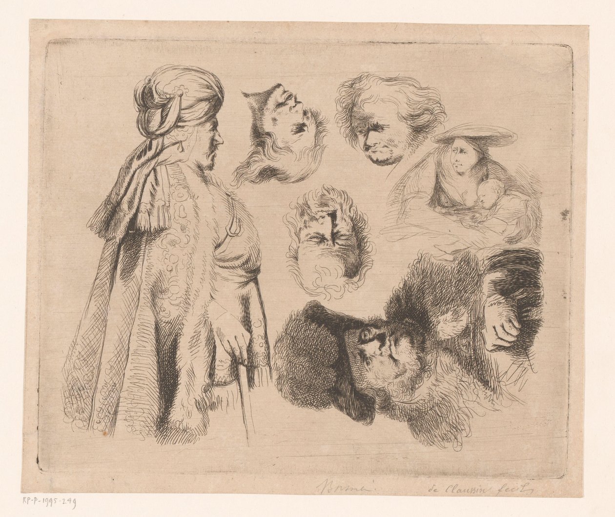 Composición con hombre oriental, mujer con niño y cuatro cabezas de hombres de Ignace Joseph de Claussin (attributed to)