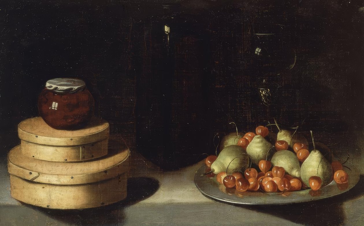 Bodegón (bandeja con cerezas y peras, cajas y frasco de miel) (siglo XX) de Ignacio Zuloaga y Zabaleta
