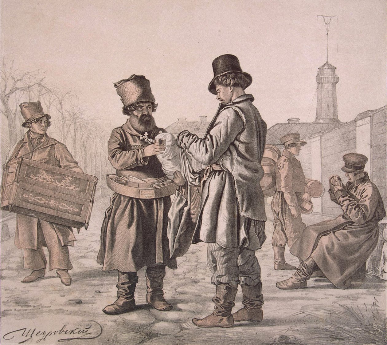 Vendedor de Sbiten en la calle de la serie Estos son nuestros pueblos, 1842 de Ignati Stepanovich Shchedrovsky