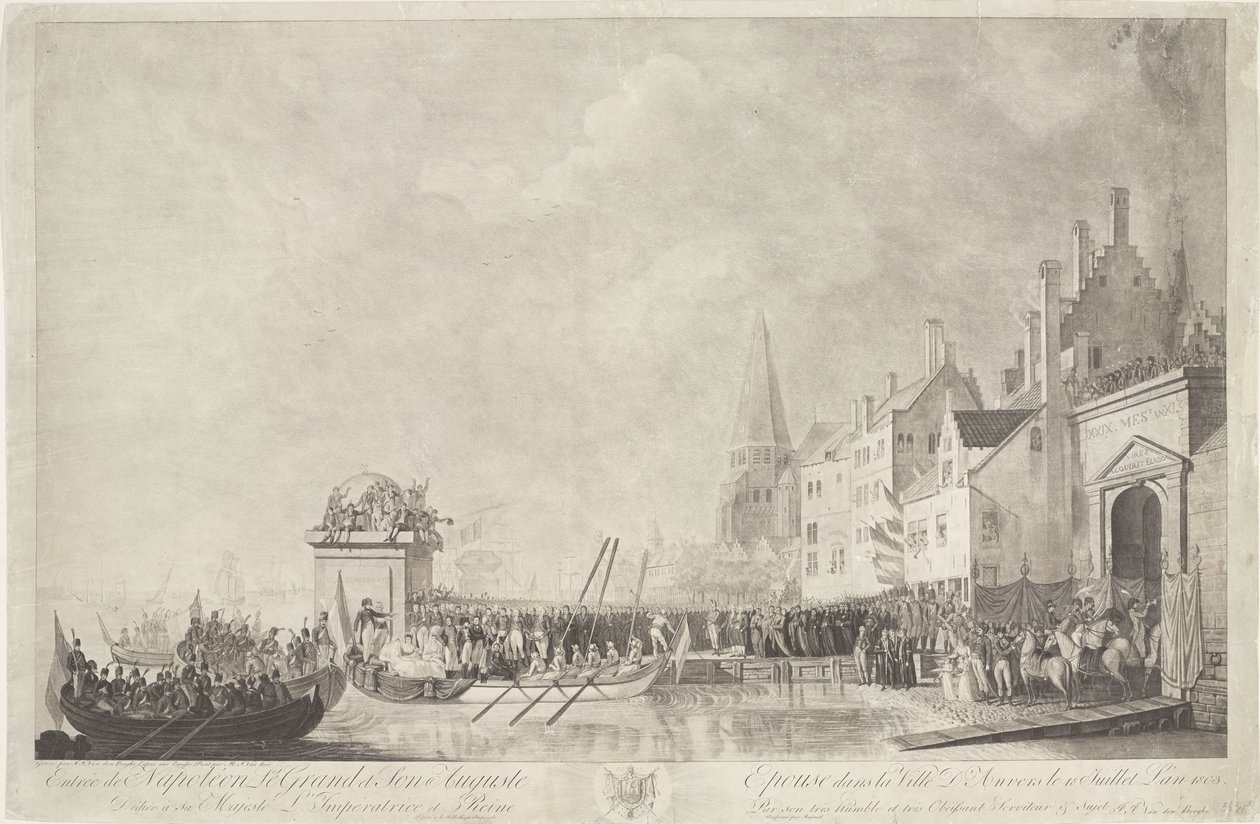 Aankomst van Napoleon en Josephine te Antwerpen, 1803 Entrada de Napoleón el Grande y su esposo Augusto en la ciudad de Amberes el 18 de julio de 1803 (título sobre el objeto) de Ignatius Joseph van den Berghe