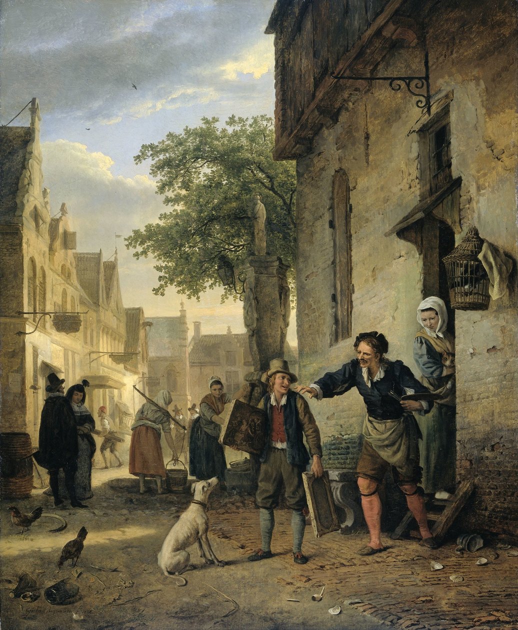 Jan Steen envía a su hijo a la calle para intercambiar cuadros por cerveza y vino de Ignatius Josephus van Regemorter