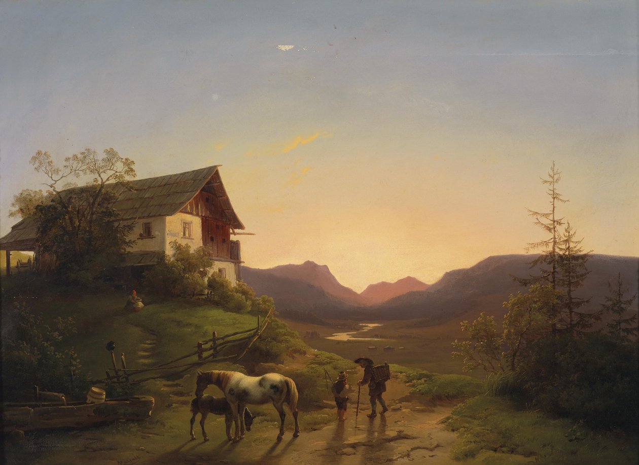 Atardecer en un paisaje amplio con caballos de Ignaz Raffalt