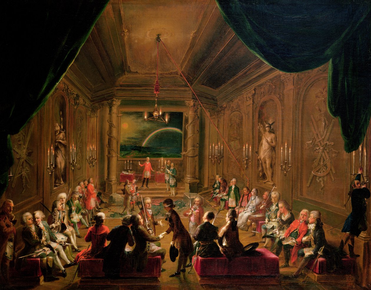 Ceremonia de iniciación en una logia masónica vienesa durante el reinado de José II, con Mozart sentado en el extremo izquierdo, 1784 de Ignaz Unterberger