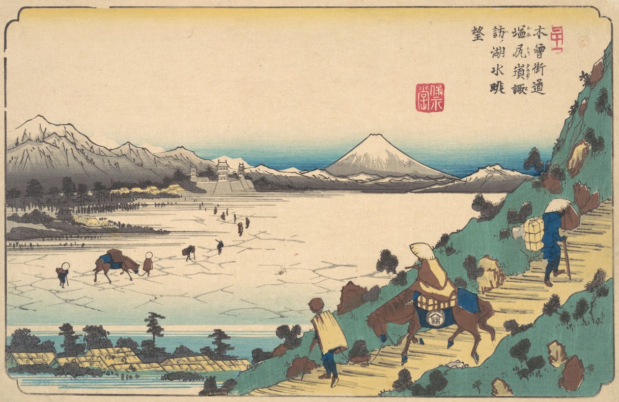 Lago Suwa desde el paso Shiojiri, ca. 1835 de Ikeda Eisen