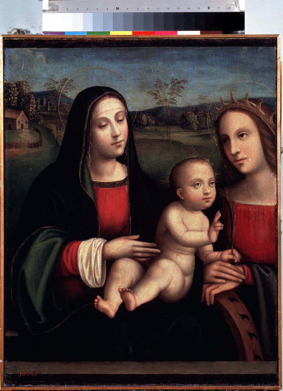 ""La Virgen y el Niño con Santa Catalina de Alejandría"" Pintura de Francesco Raibolini dit il Francia (1450-1518) Museo del Hermitage de San Petersburgo de Il  Francia