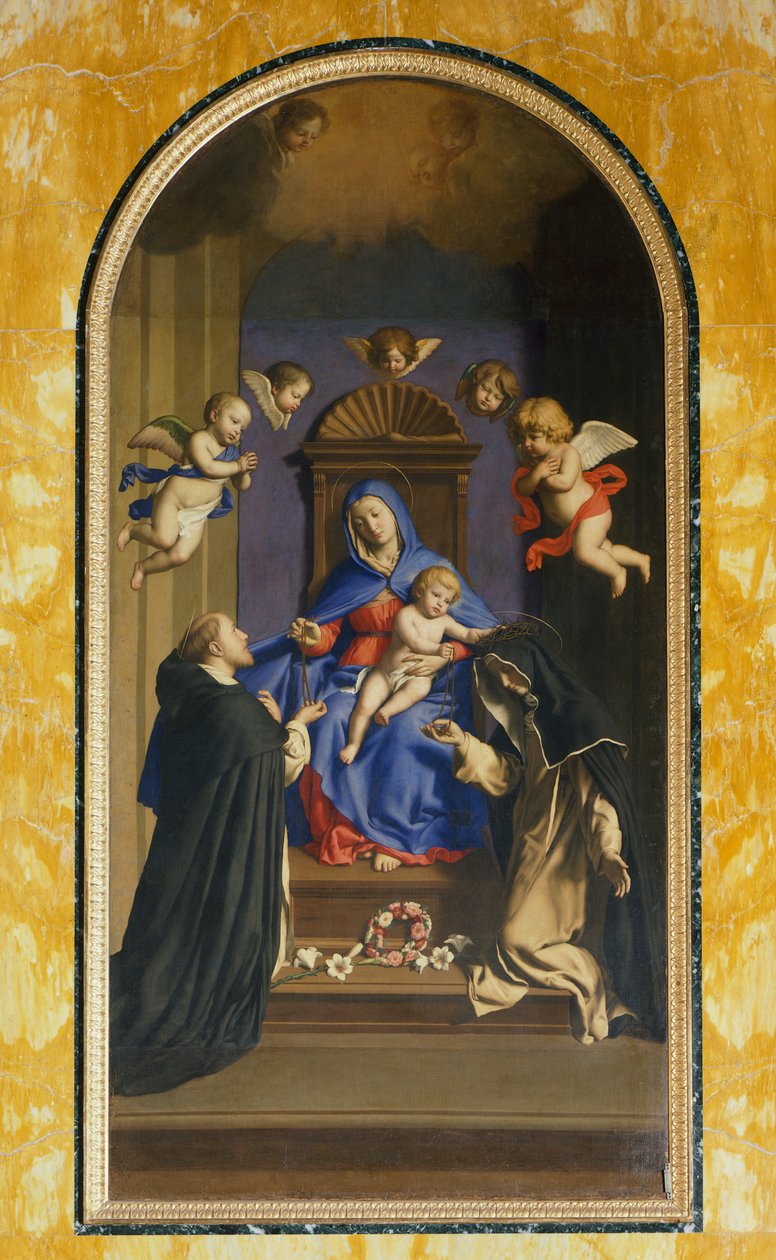 Nuestra Señora del Rosario con San Domingo y Santa Catalina, Capilla de Santa Catalina, Basílica de Santa Sabina, Roma, Italia de Il  Sassoferrato