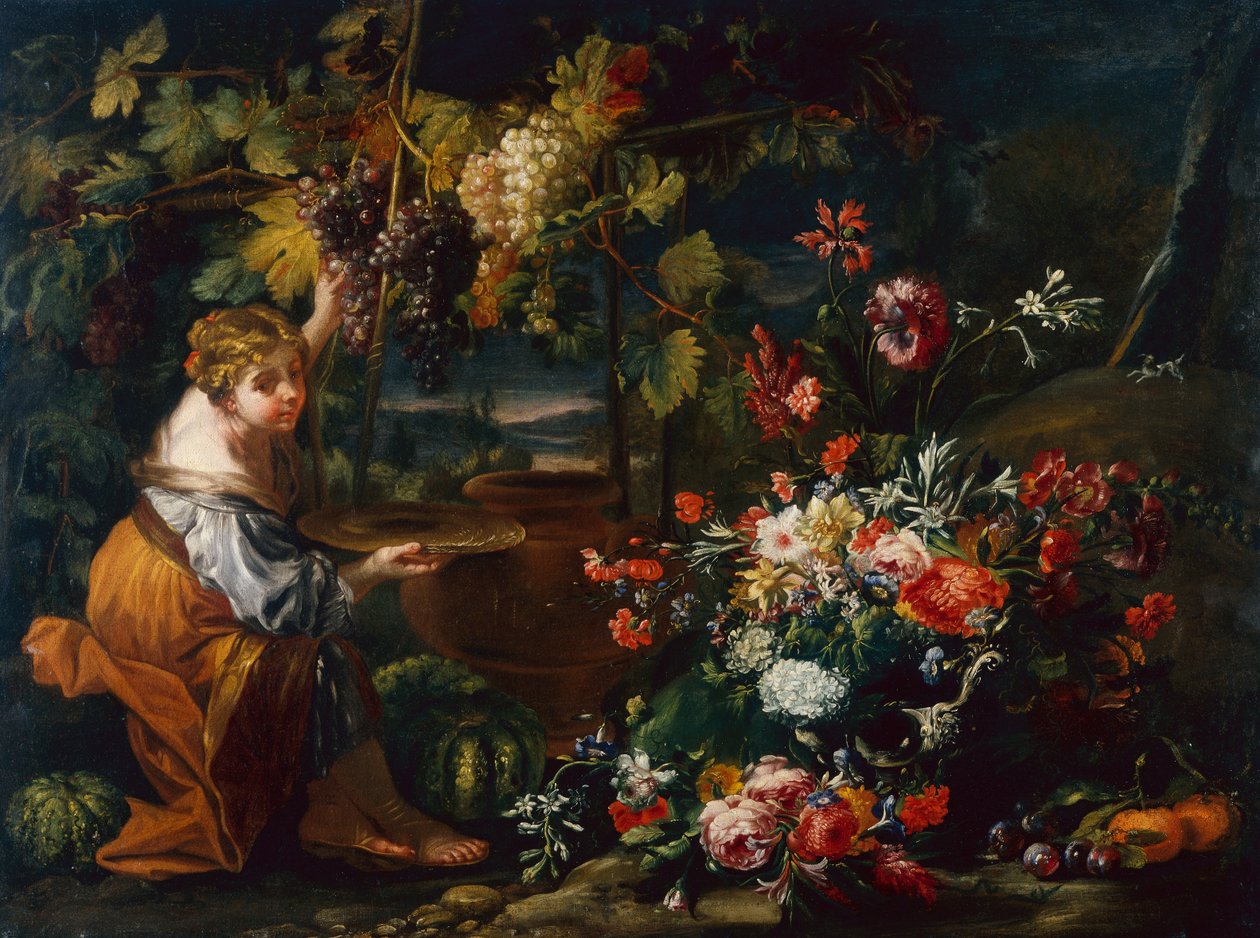 Niña joven recogiendo uvas de Il and Brueghel Abraham Borgognone