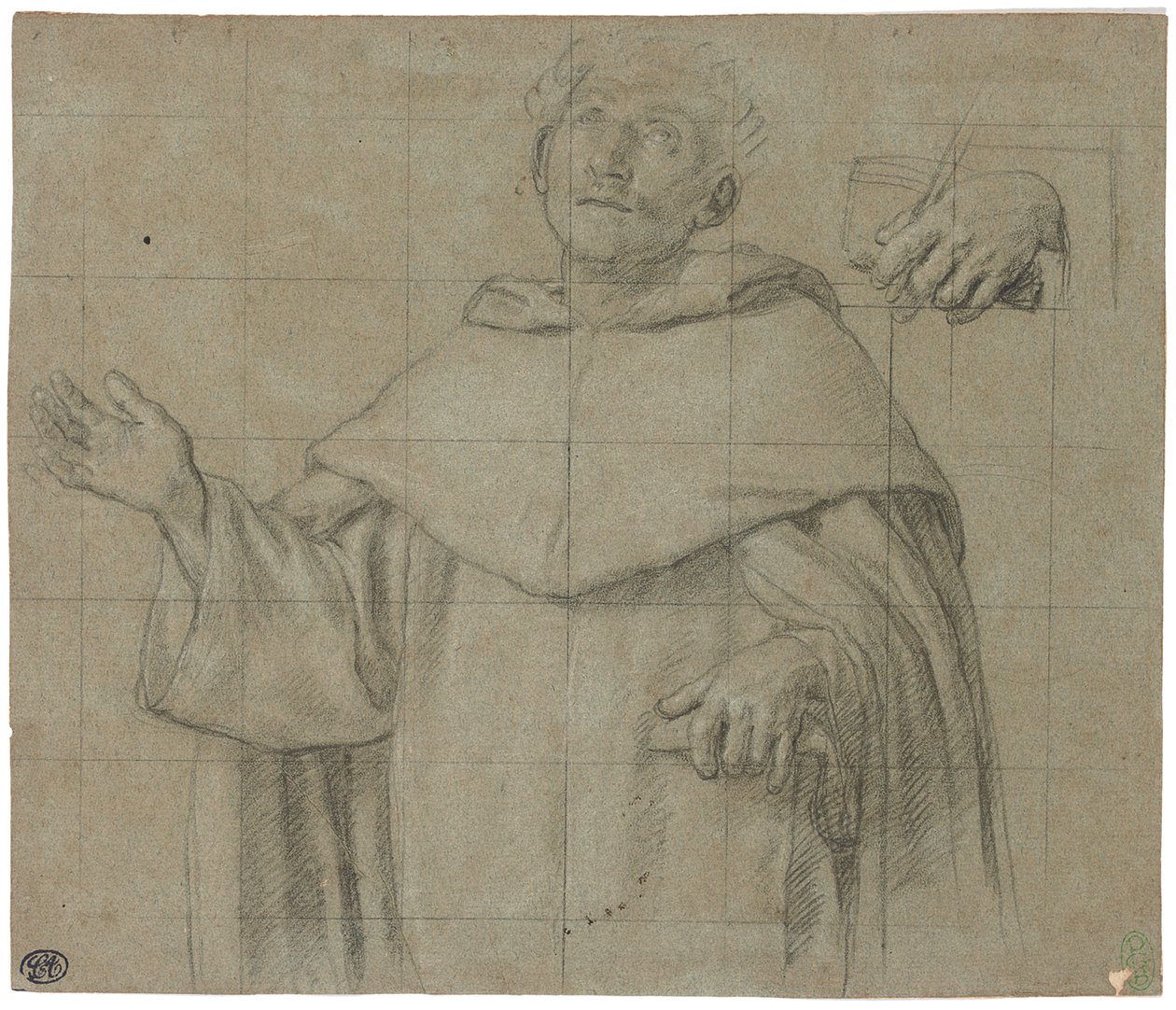 Un santo dominicano, quizás San Pedro Mártir, medio cuerpo, sosteniendo un libro de Il Sassoferrato