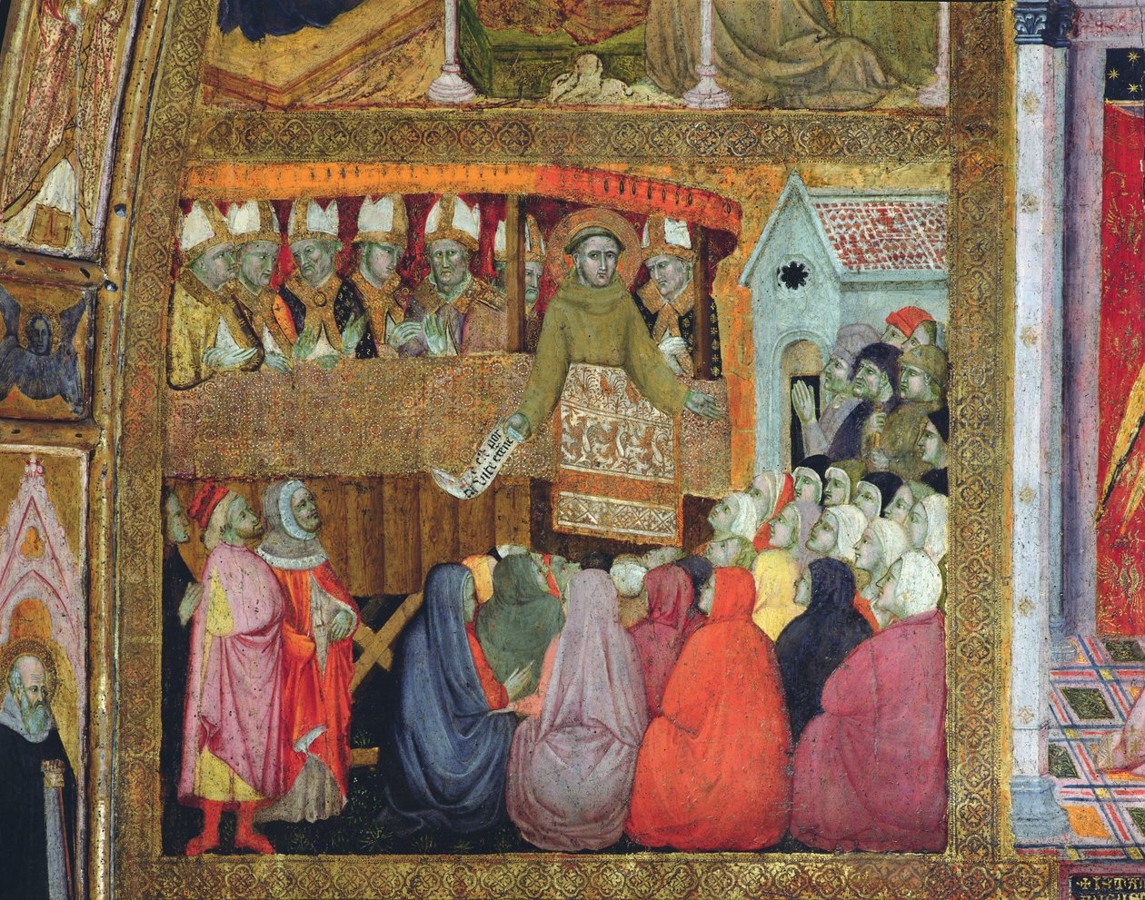 San Francisco promulga la indulgencia, acompañado por los obispos de Umbría, fresco de la Porciúncula, 1393 de Ilario da Viterbo