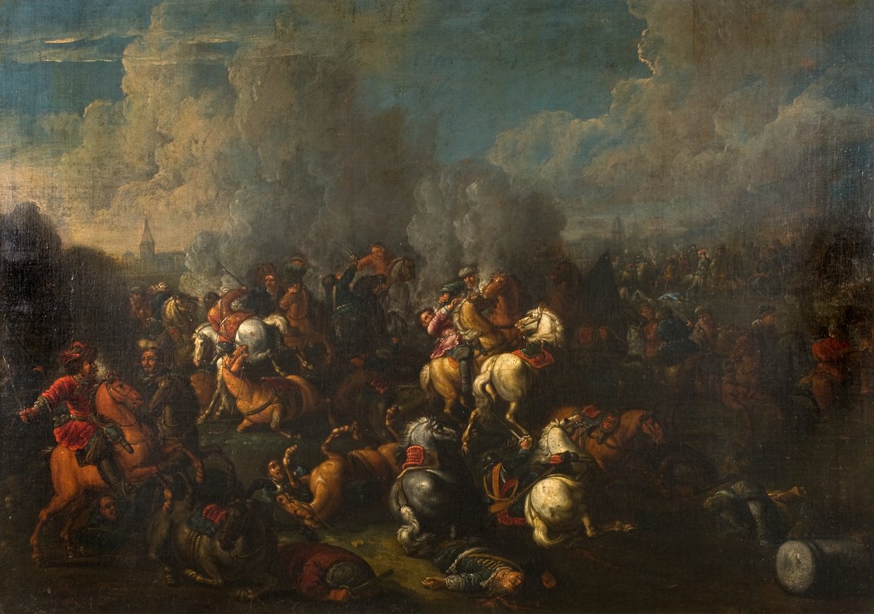 Escena de batalla (óleo sobre lienzo) de Ilario (follower of) Spolverini
