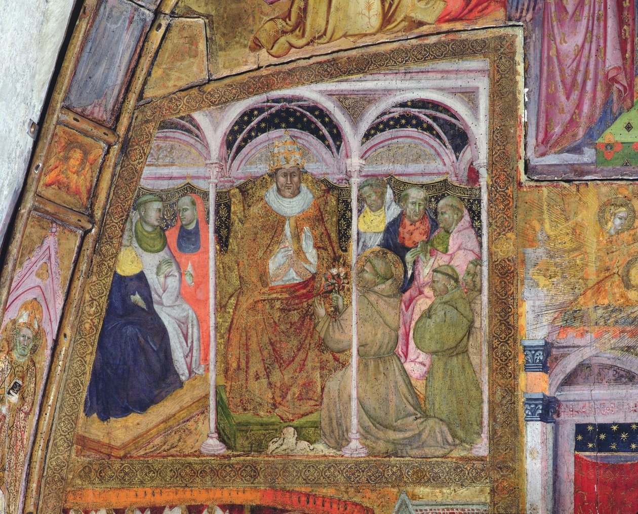 San Francisco implorando al Papa Honorio III por la Confirmación de la Indulgencia, fresco de la Porciúncula, 1393 de Ilario da Viterbo