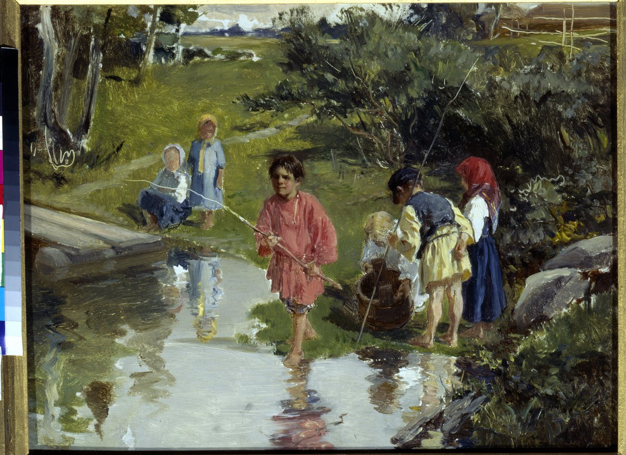 Niños pescando por Pryanishnikov, Illarion Mikhailovich (1840-1894) de Illarion Mikhailovich Pryanishnikov