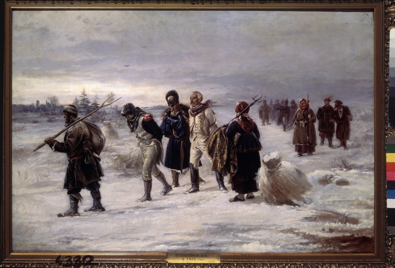 En 1812. (Prisioneros capturados en la Grande Armee de Napoleón caminan sobre la nieve, exhaustos, escoltados por campesinos rusos). Pintura de Illarion Mikhailovich Pryanishnikov (1840-1894), óleo sobre lienzo de Illarion Mikhailovich Pryanishnikov