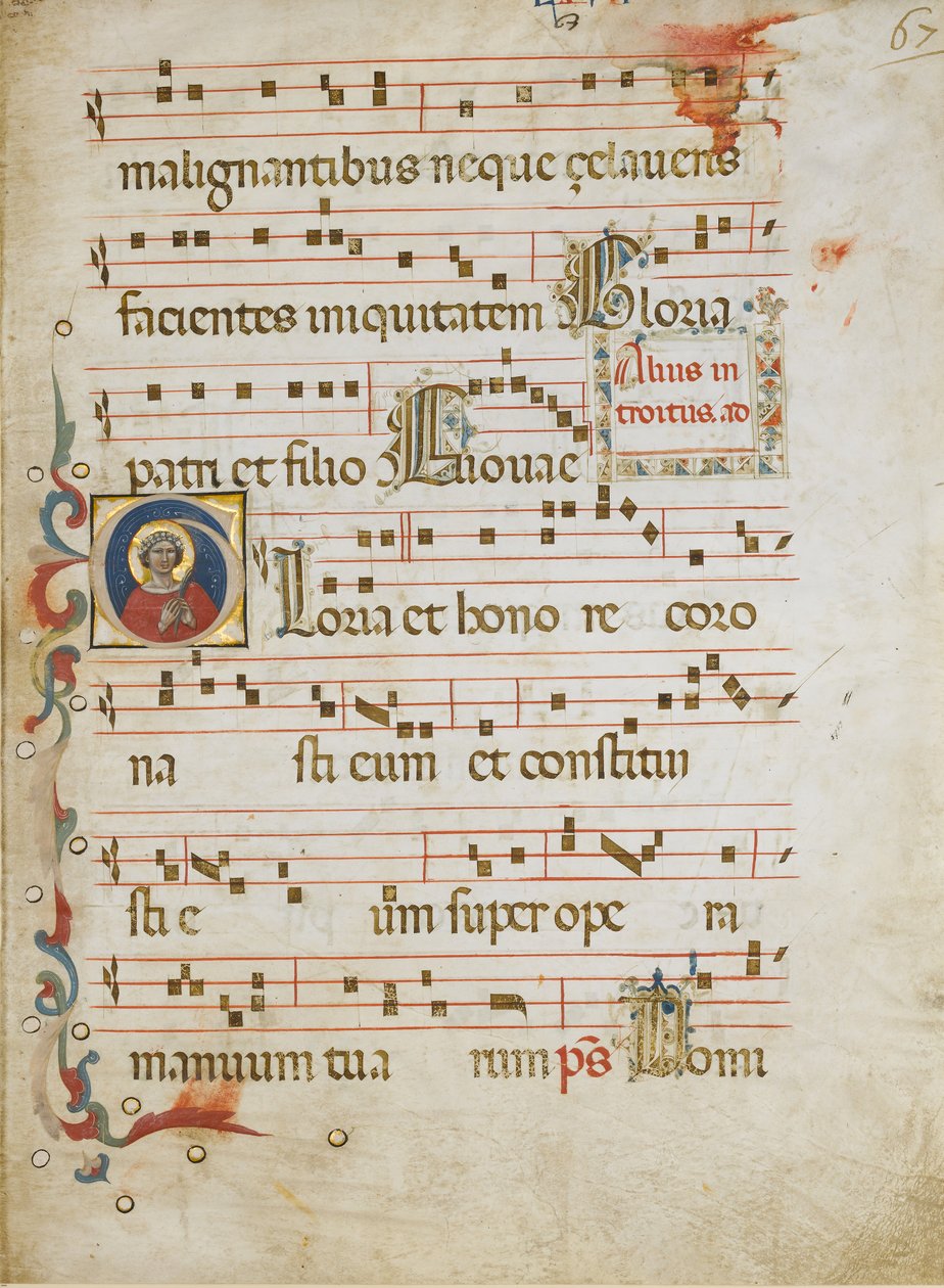 Hoja de manuscrito con una santa femenina posiblemente Dorothy en una inicial G, ca. 1330-40 de Illustratore