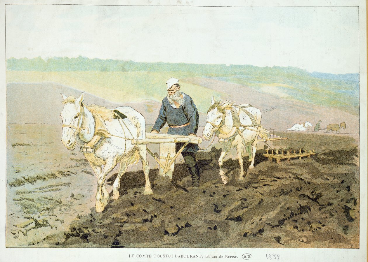 El escritor Lev Nikolaevich Tolstoy arando con caballos, 1889 de Ilya Efimovich Repin