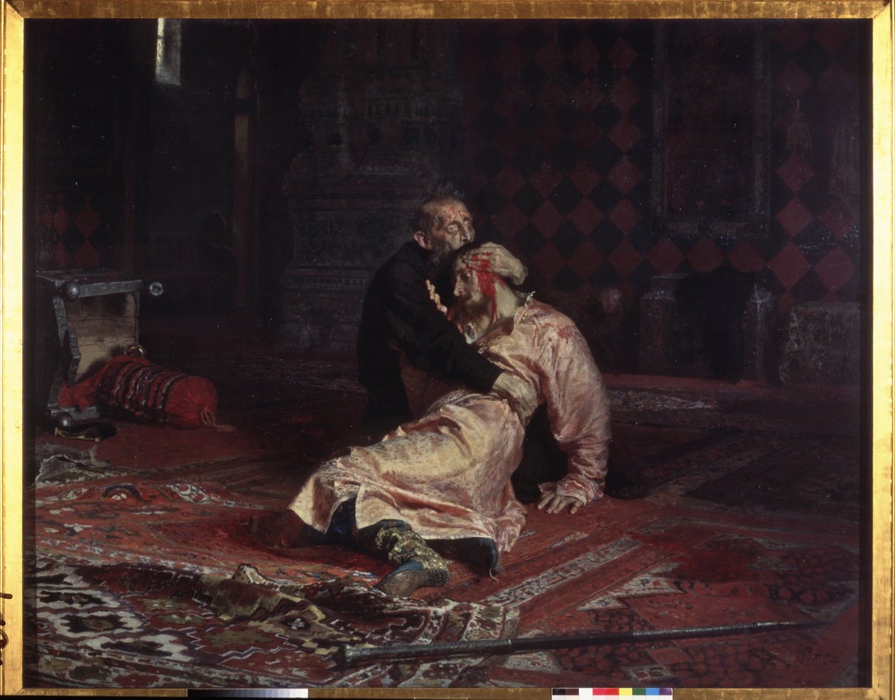 Iván IV el Terrible (1530-1584) abraza a su hijo Iván Ivanovich (1554-1581) a quien acaba de herir de muerte durante una discusión, viernes 16 de noviembre de 1581. Pintura de Ilya Yefimovich Repin (Ilia Repin) (1844-1930) , óleo sobre lienzo de Ilya Efimovich Repin