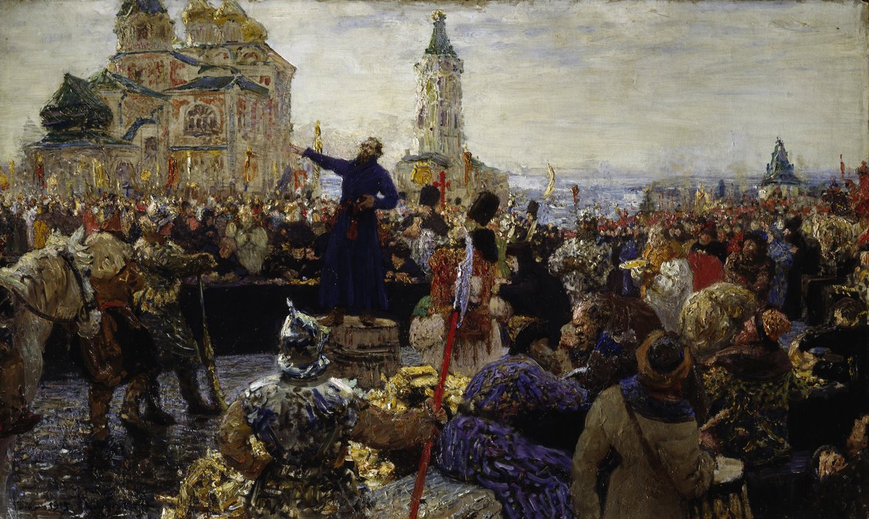 Kouzma (Kuzma) Minin (fallecido en 1616) llama al pueblo de Nizhny Novgorod en 1611 (Levantó al pueblo de Moscú contra los polacos) (Minin apela al pueblo de Nizhny Novgorod en 1611) - Pintura de Ilya Yefimovich Repin (1844-1930) ), óleo sobre lienzo de Ilya Efimovich Repin