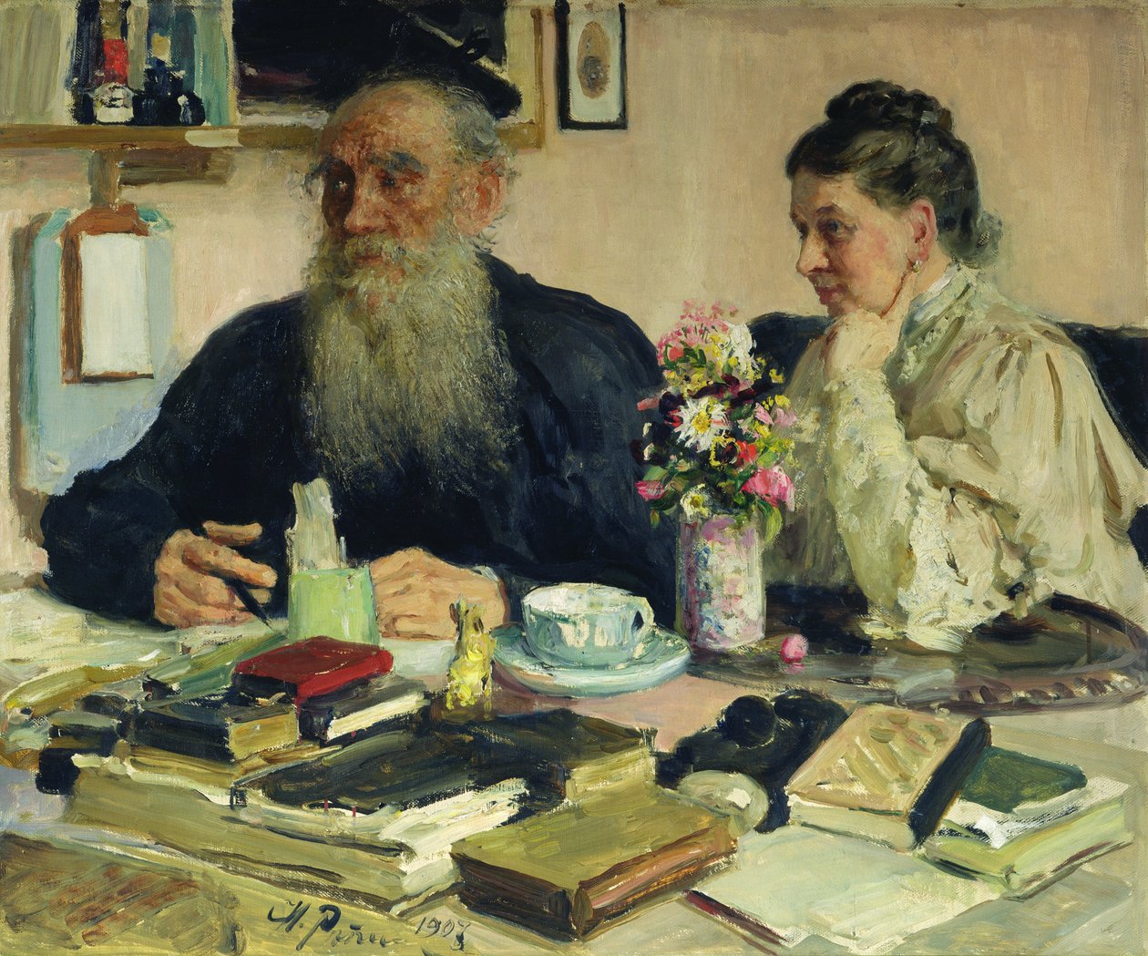 León Tolstói con su esposa en Yasnaya Polyana, 1907 de Ilya Efimovich Repin