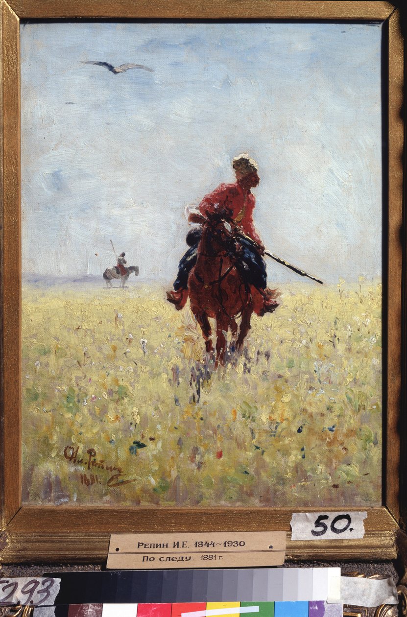 Curso de reconocimiento. (Jinete cosaco de Zaporogue bajo observación en un llano florido). Pintura de Ilya Yefimovich Repin (Ilia Repin) (1844-1930), óleo sobre lienzo de Ilya Efimovich Repin