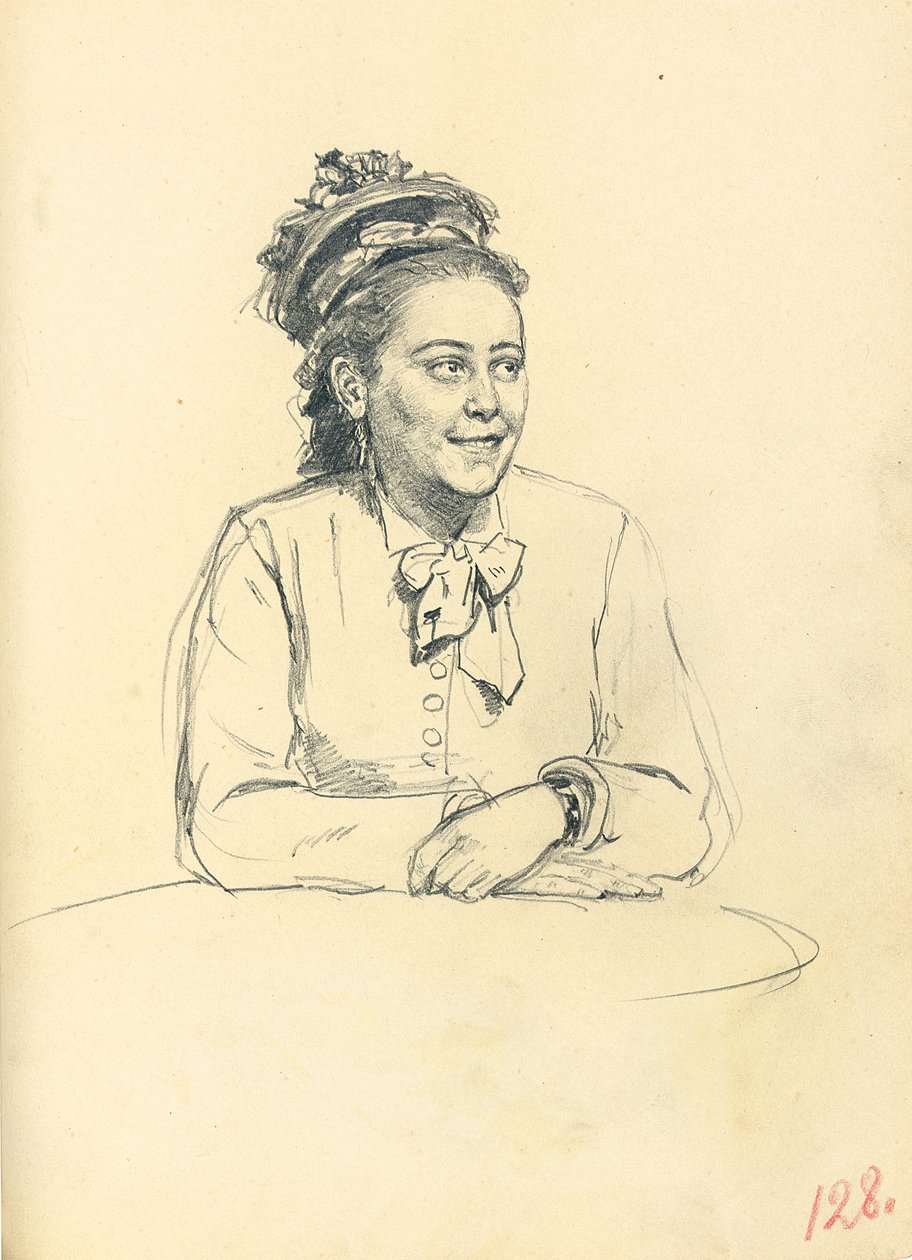 Estudio para "Un café parisino": Mujer sentada con lazo y manos cruzadas, c. 1872-1875 de Ilya Efimovich Repin