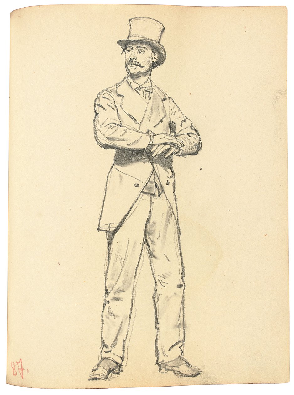 Estudio para "Un café parisino": Hombre de pie con sombrero, piernas separadas, c. 1872-1875 de Ilya Efimovich Repin
