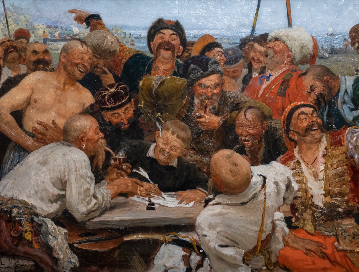 LOS COSACOS ZAPOROGUES ESCRIBIENDO UNA CARTA AL SULTÁN DE TURQUÍA de Ilya Efimovich Repin