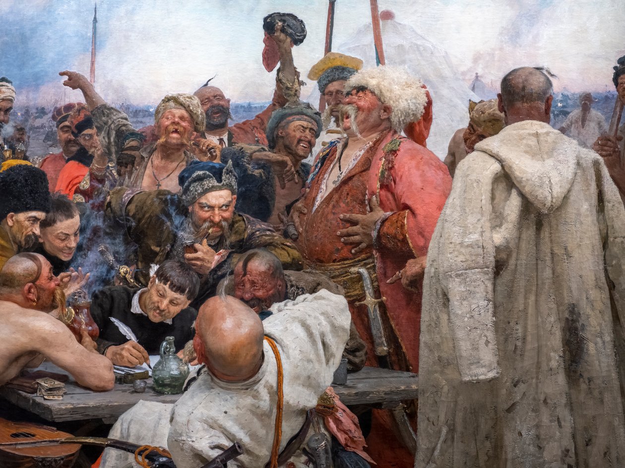 LOS COSACOS ZAPOROGUES ESCRIBIENDO UNA CARTA AL SULTÁN DE TURQUÍA de Ilya Efimovich Repin