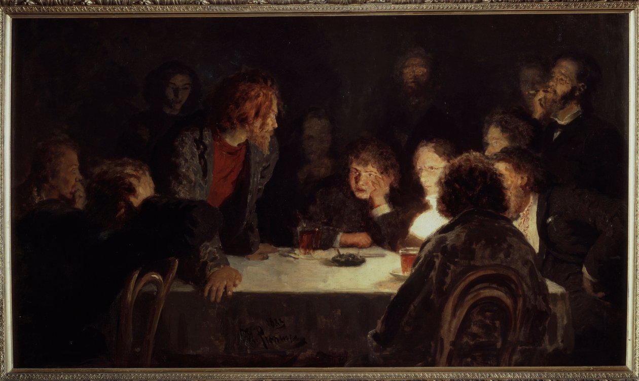 Una reunión revolucionaria. Pintura de Ilya Repin (Ilia Repin) (1844-1930), óleo sobre lienzo de Ilya Efimovich Repin