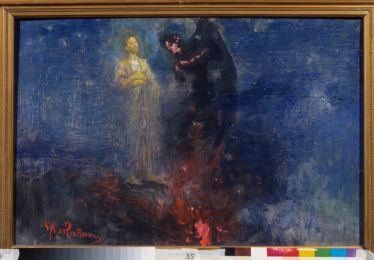 ¡Vete, Satanás! (¡Vete de aquí, Satanás!). (Jesucristo repele al diablo, en un paisaje nocturno). Pintura de Ilya Repin (Ilia Repin) (1844-1930), óleo sobre lienzo, posterior a 1850. Arte ruso de Ilya Efimovich Repin