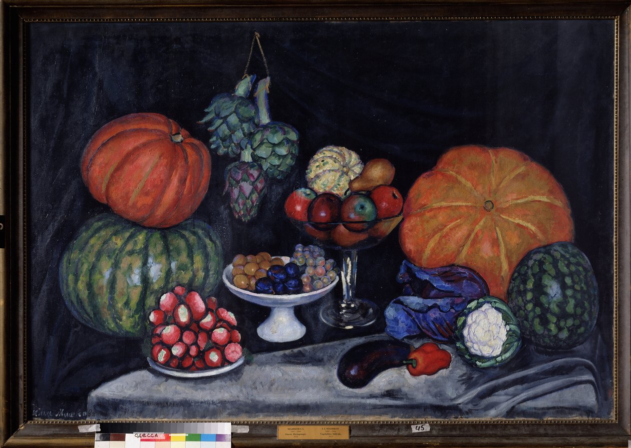 Verduras. Naturaleza muerta con calabazas, alcachofas, ciruelas, uvas, manzanas, peras, berenjenas, pimientos, coles, coliflores y sandías (Verduras. Naturaleza muerta). Pintura de Ilya Ivanovich Mashkov (Ilia Machkov, Matchkov) (1881-1944), óleo sobre lie de Ilya Ivanovich Mashkov