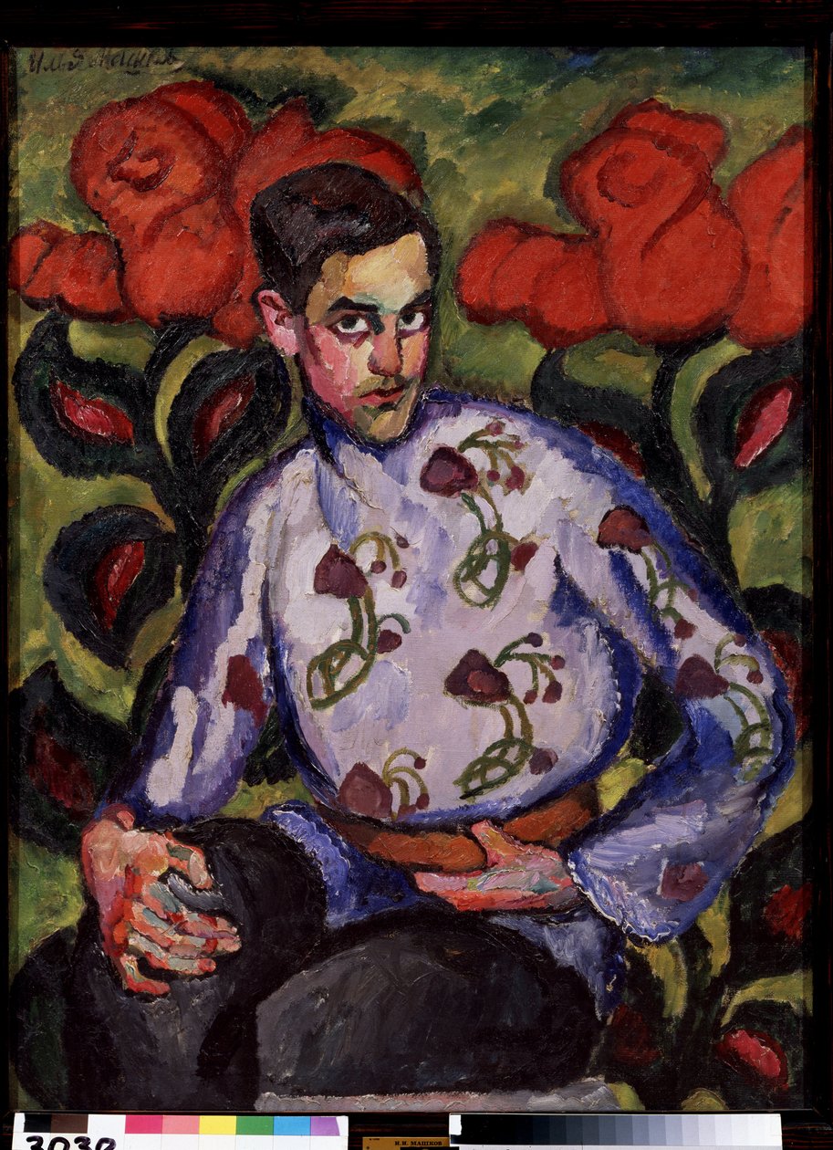 Retrato de un niño con camisa y flores. Pintura de Ilya Ivanovich Mashkov (Ilia Machkov, Matchkov) (1881-1944), óleo sobre lienzo de Ilya Ivanovich Mashkov