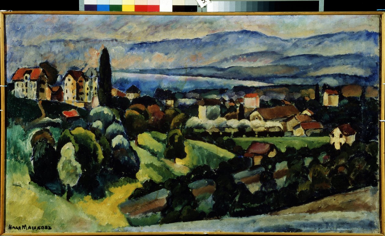 Vista de la ciudad de Nervi (Italia). Descripción del paisaje y de la pequeña ciudad en la costa de la Riviera italiana, cerca de Génova, en verano. Pintura de Ilya Ivanovich Mashkov (Ilia Machkov, Matchkov) (1881-1944), óleo sobre lienzo. de Ilya Ivanovich Mashkov