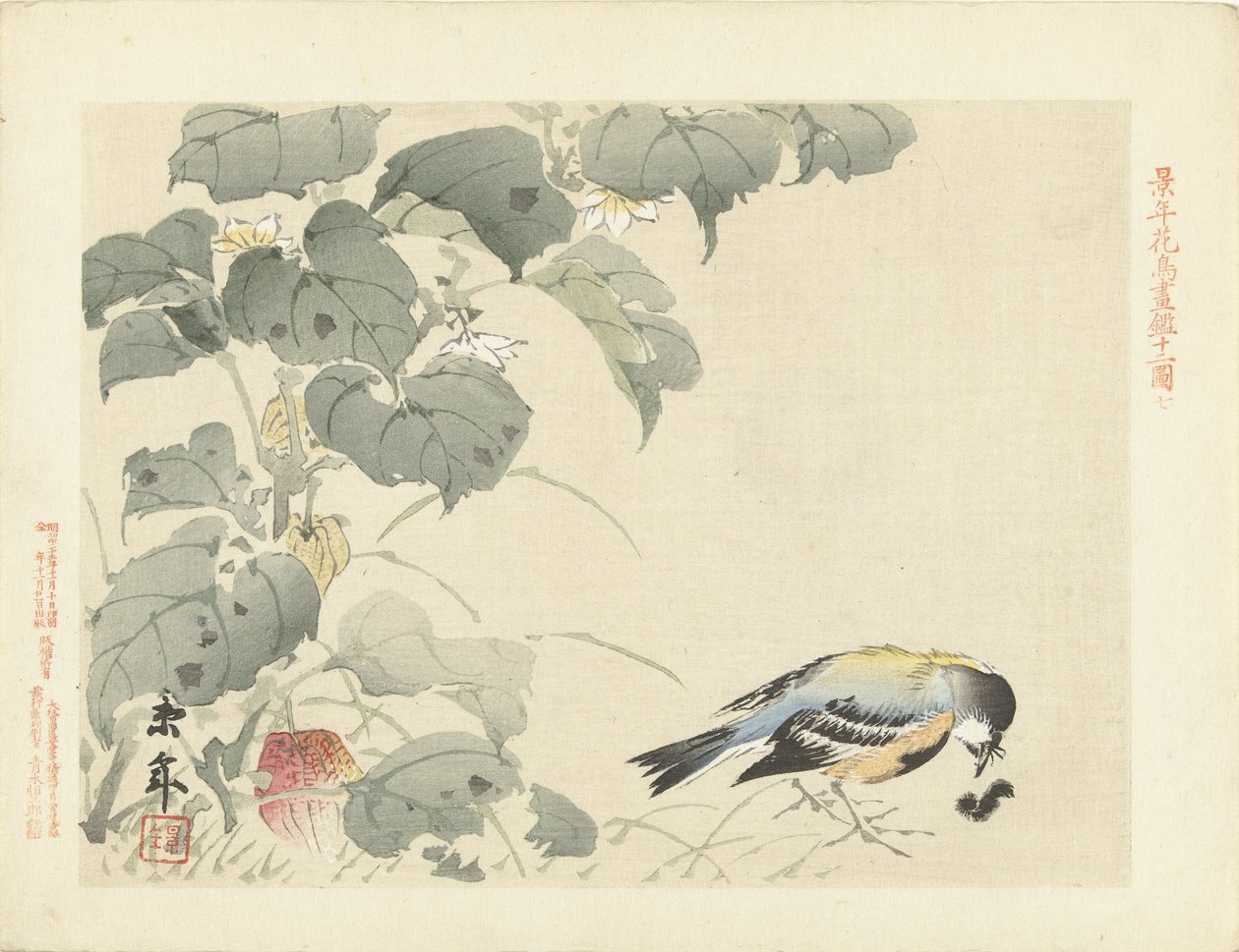 pájaro con oruga Bocetos de flores y pájaros de Keinen (título de la serie) Keinen kacho gafu (título de la serie sobre el objeto) de Imao Keinen