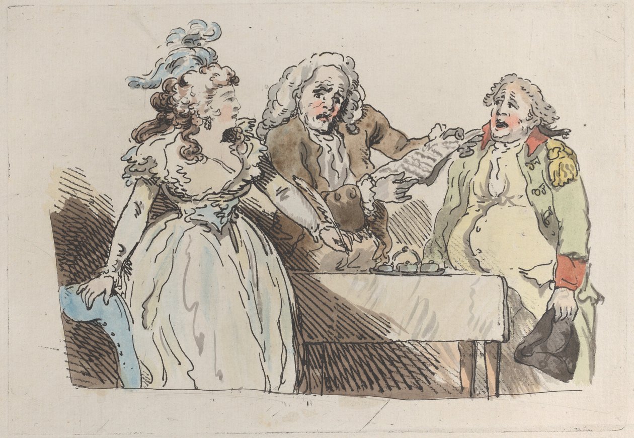 Una joven heredera se prepara para firmar un documento, 1780-1800 de Imitator of Thomas Rowlandson.