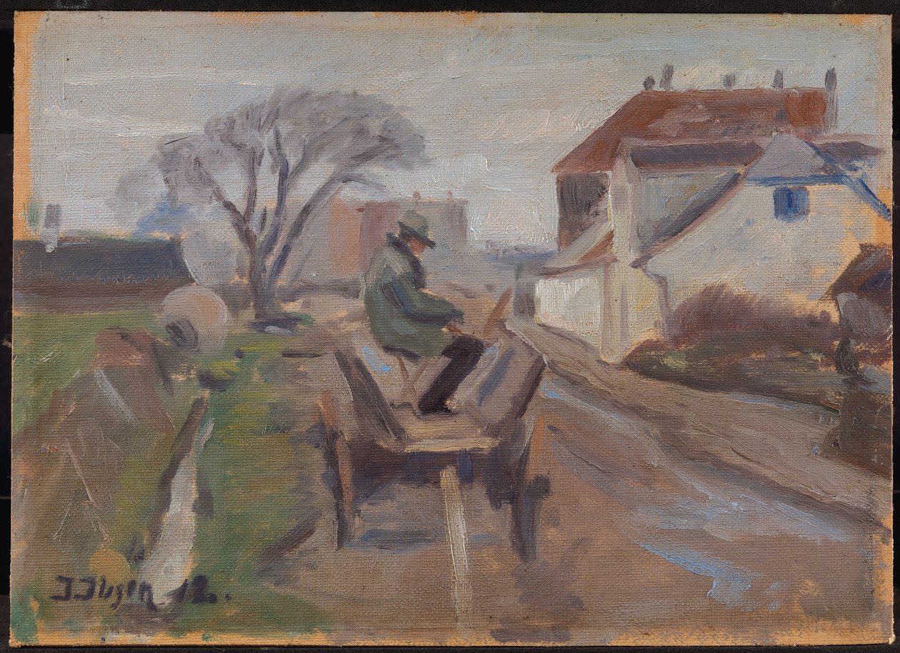 El pintor Ølund Hansen sentado en un carro pintando de Immanuel Ibsen