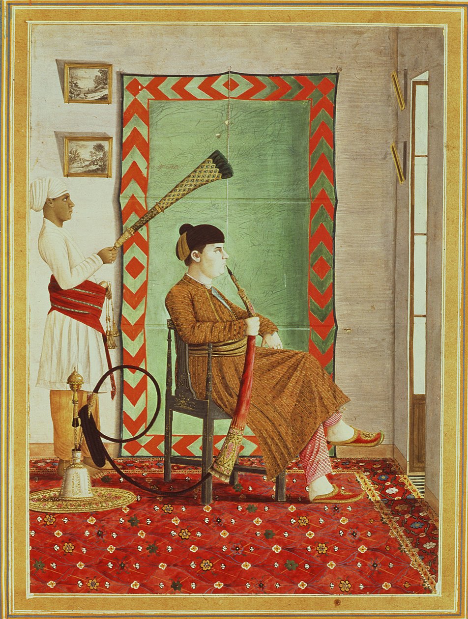 Retrato de un caballero europeo con vestimenta india sentado frente a una ventana abierta fumando una hookah, Lucknow, Escuela de la Compañía de Indian School