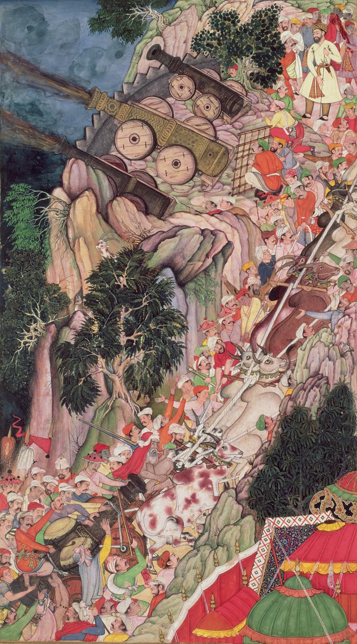 Bueyes arrastrando cañones de asedio cuesta arriba durante un ataque al Fuerte Ranthambhor, del Akbarnama, Mughal, c.1590-95 de Indian School