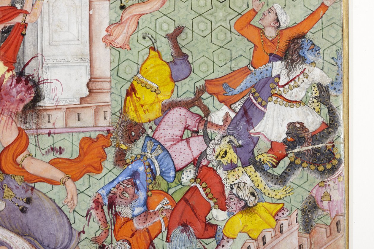 (detalle) Krishna parte al demonio Narakasura con su disco, c.1585-90 (acuarela opaca y oro sobre papel) de Indian School