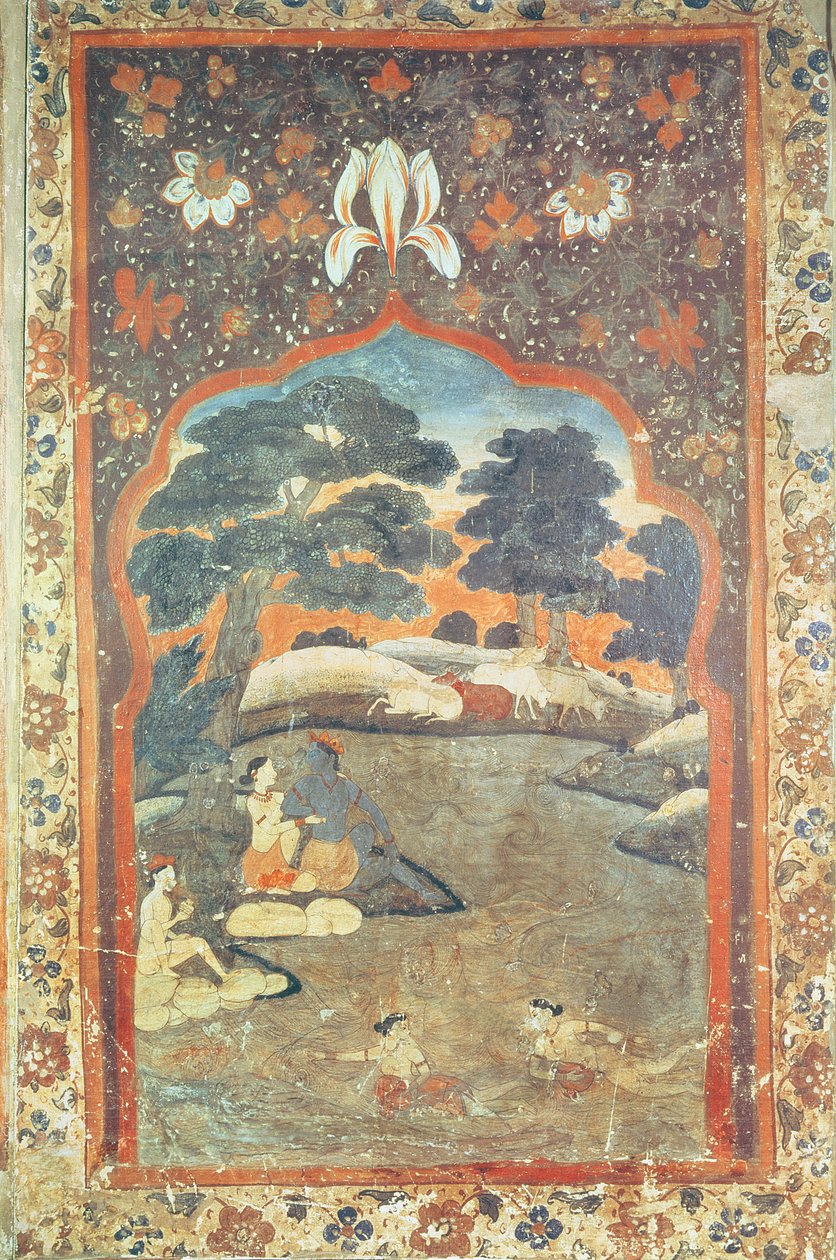 Krishna y Radha junto a un río, Escuela Pahari de Indian School