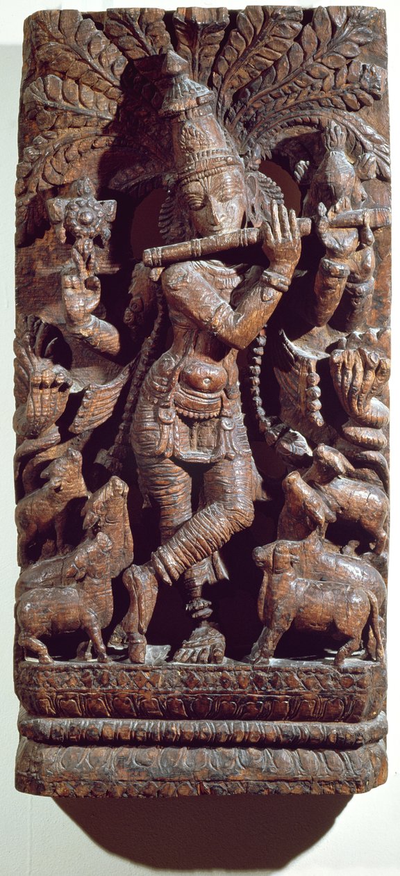 Krishna tocando una flauta (madera) de Indian School