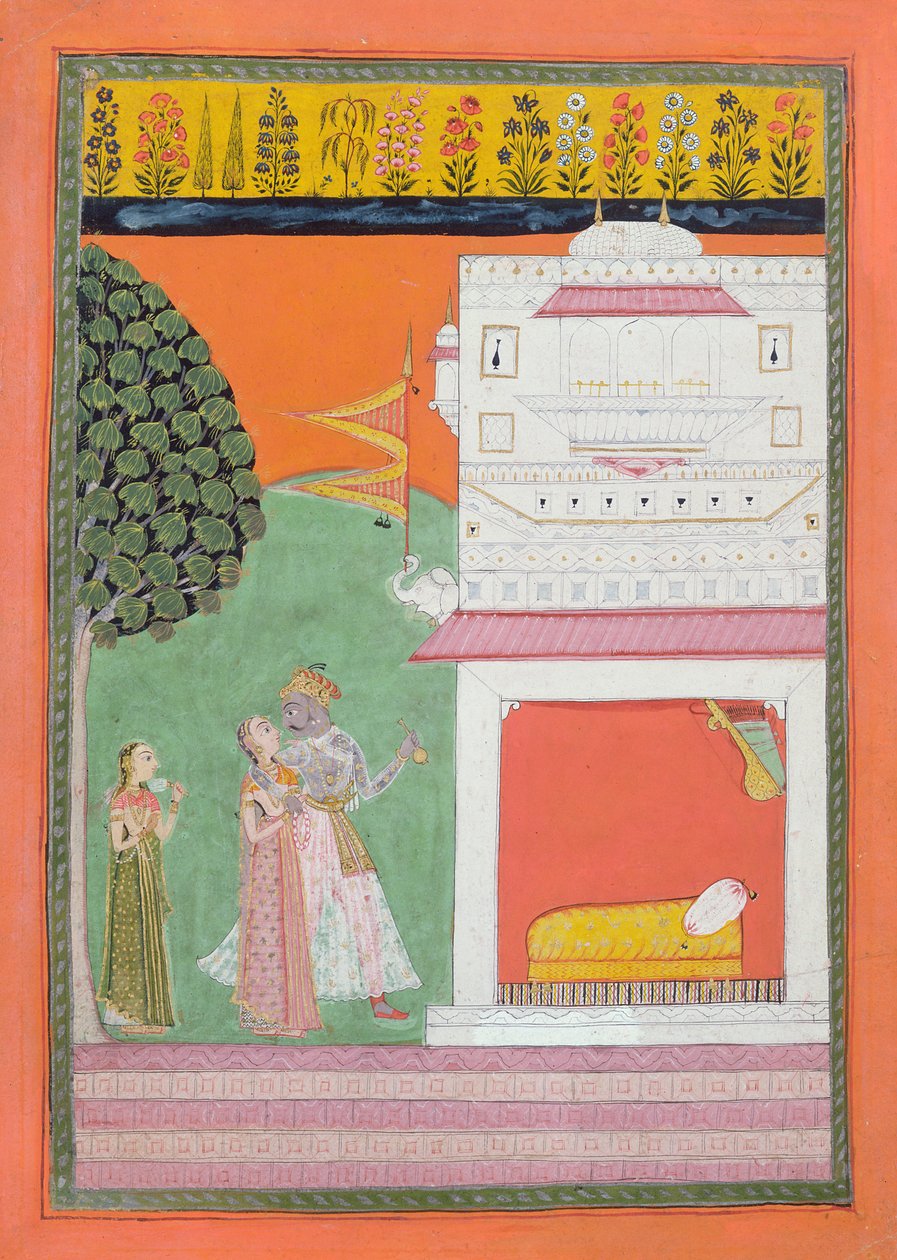 Amantes acercándose a una cámara, Malwa, c.1680 de Indian School