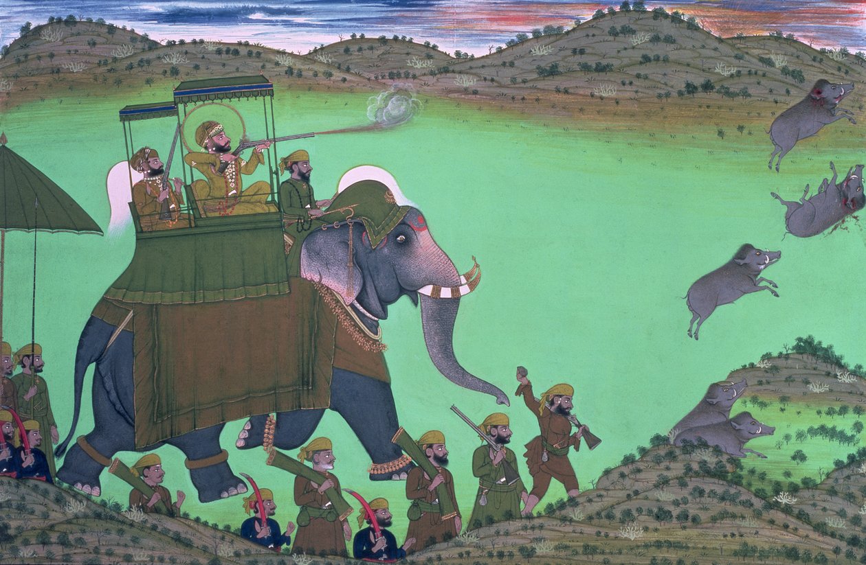 Maharana Sarup Singh de Udaipur cazando jabalíes desde el lomo de un elefante, Rajastán, 1855 de Indian School
