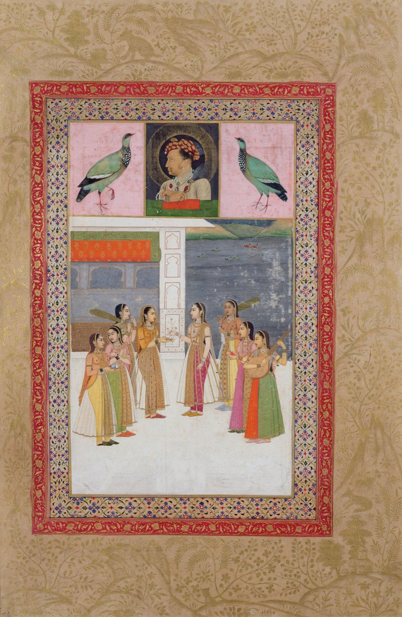 Ms E-14 Retrato de Djahangir (1569-1627) dos pájaros y mujeres nobles conversando de Indian School