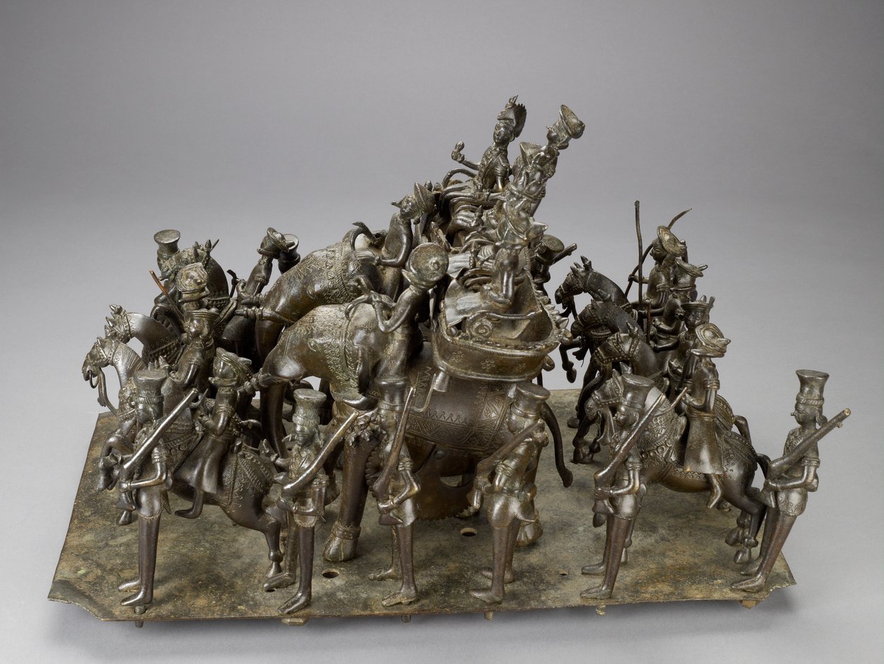 La cabalgata del Rey de Oudh montando con el Residente Británico en elefantes, c.1820 de Indian School