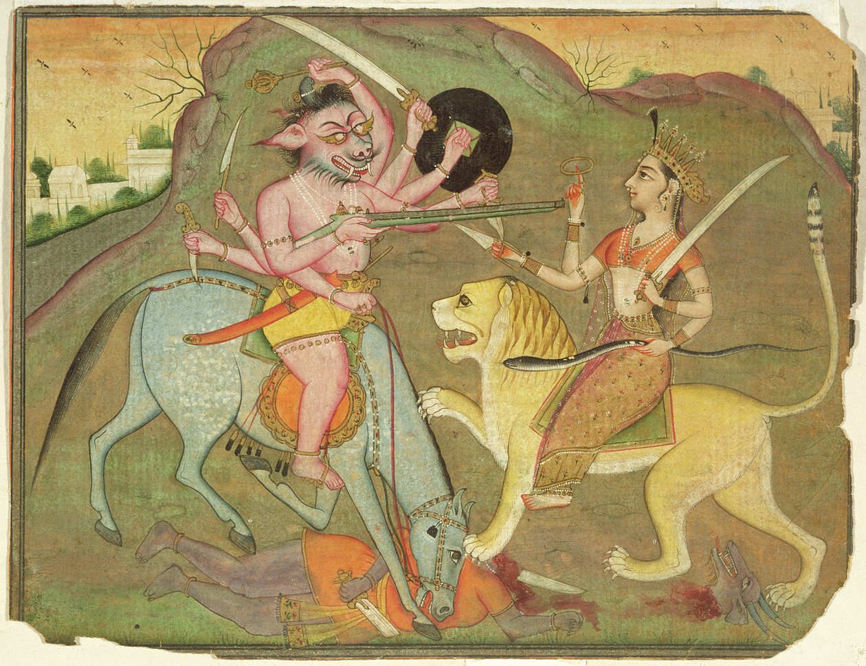 Durga en combate con Mahishasura, del folio de 