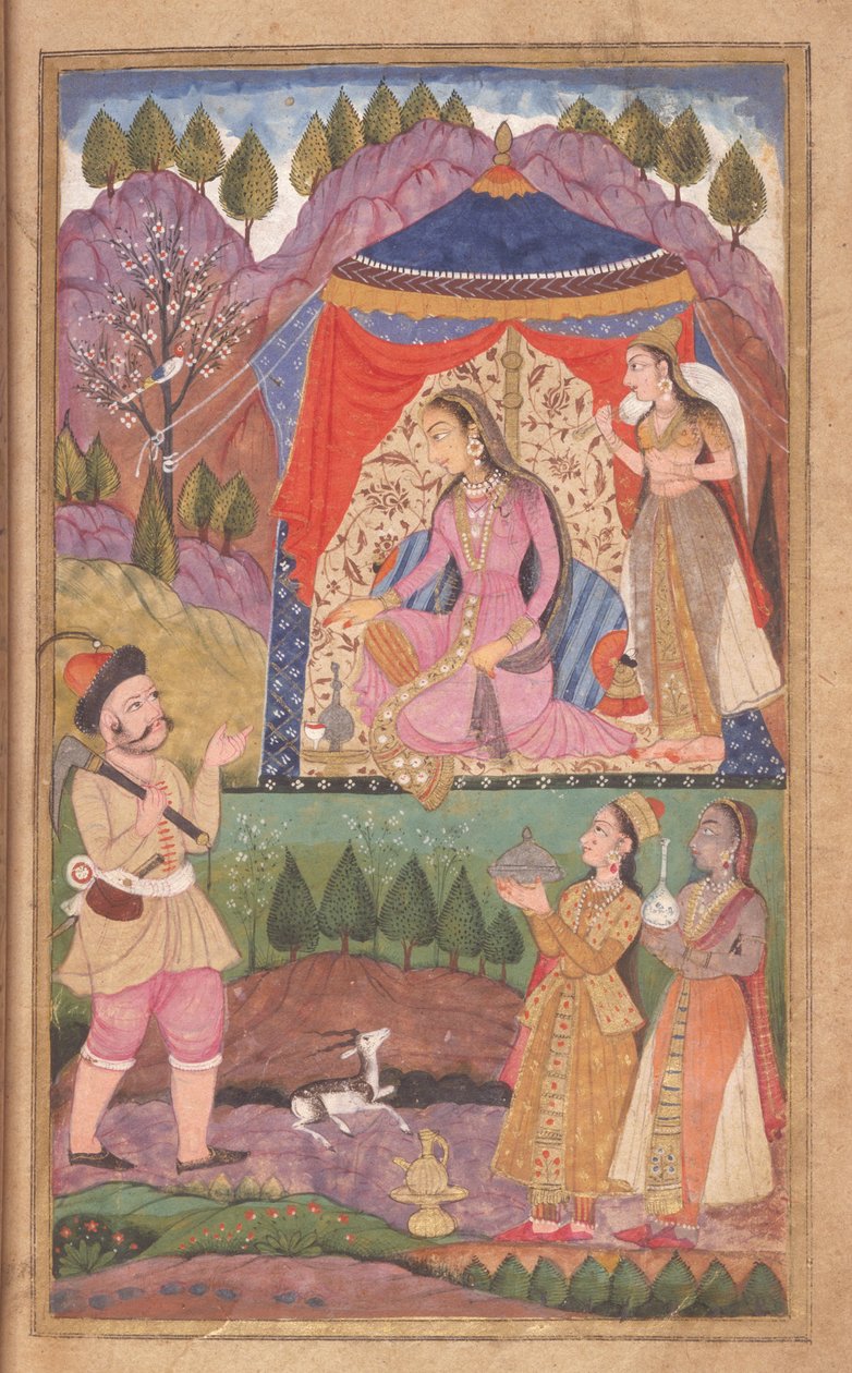 Folio 138 Farhad cuenta sus aventuras a la Princesa Shirin, del Khusrau y Shirin, Escuela Deccani, 1722 de Indian School