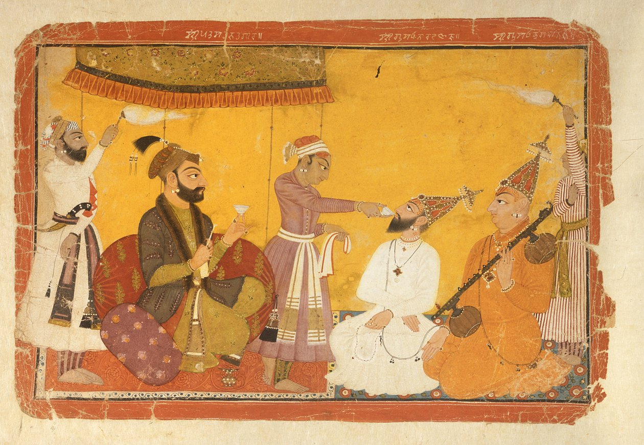 Gosain Narayan toma veneno en presencia del Emperador Jahangir, Nurpur, Escuela Pahari, 1725 de Indian School