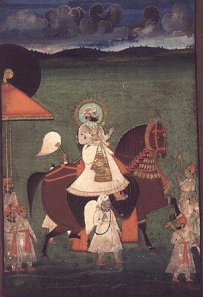 Álbum AS10 43 n.º 4514 N.º de cat. 514 iii Rana Sarup Singh (1842-61) de Mewar cabalga sobre un semental castaño, sus criados a pie llevan sombrillas y pertrechos reales, Udaipur, c.1855 de Indian School