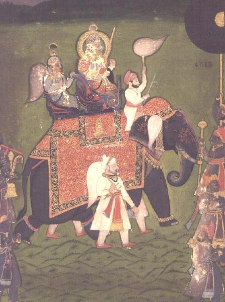 AS10 Album 43 no.4515 Rana Jawan Singh (1828-38) de Mewar cabalga sobre un elefante enjaezado, c.1835 (acuarela opaca) de Indian School