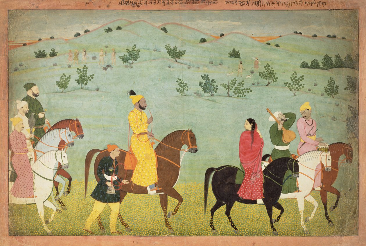 Un príncipe de Jasrota, posiblemente Balwant Singh, en una expedición a caballo, por Nainsukh (fl. 1740-50) Cachemira, c.1751 de Indian School